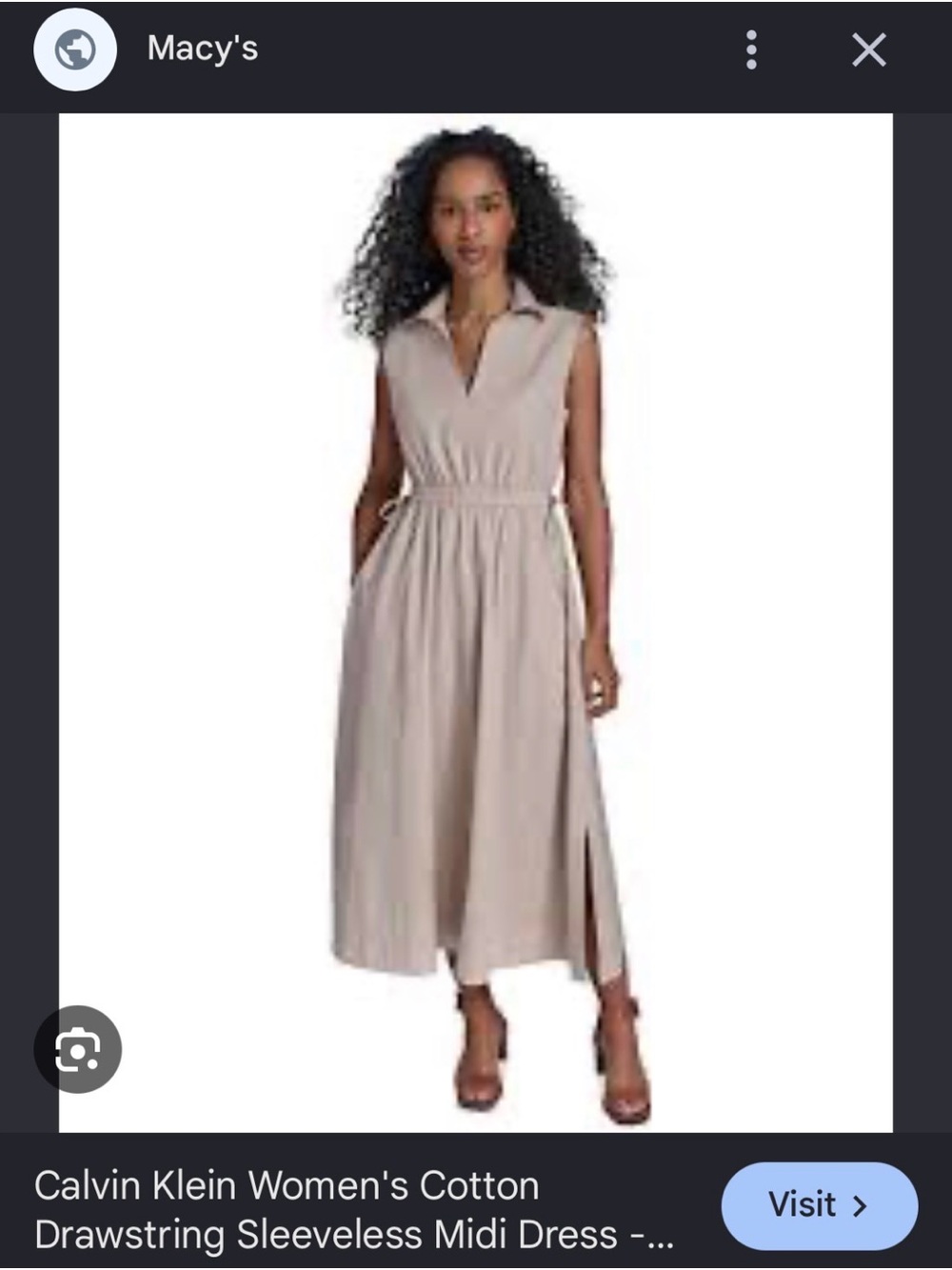 Calvin Klein Sleeveless Drawstring Midi Dress in Light Taupe